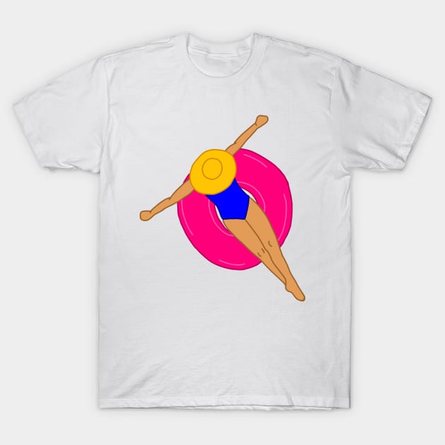 Woman on a Pink Float with a Sun Hat T-Shirt by Lavenderbuttons